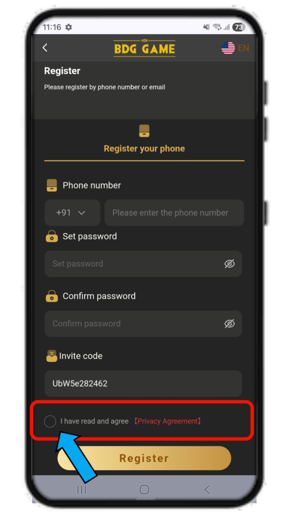 BDG Game registration page screenshot