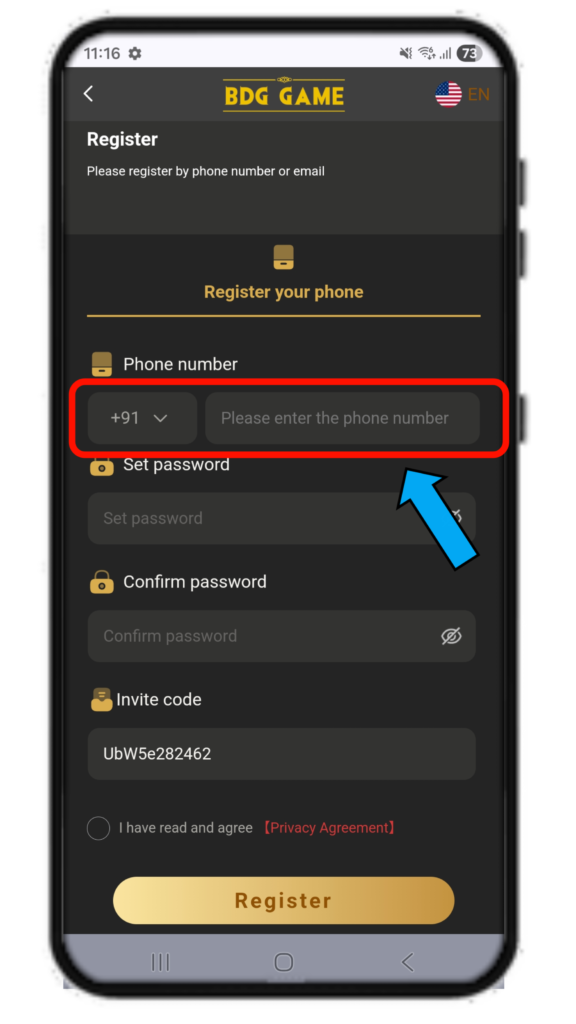 BDG Game registration page screenshot