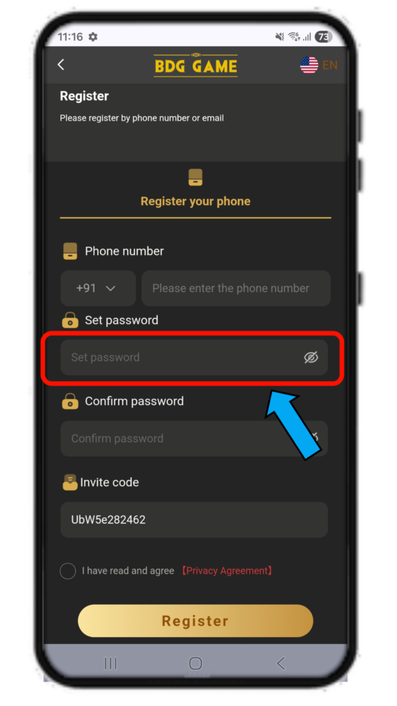 BDG Game registration page screenshot