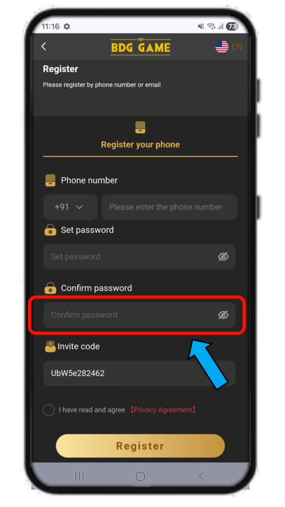 BDG Game registration page screenshot