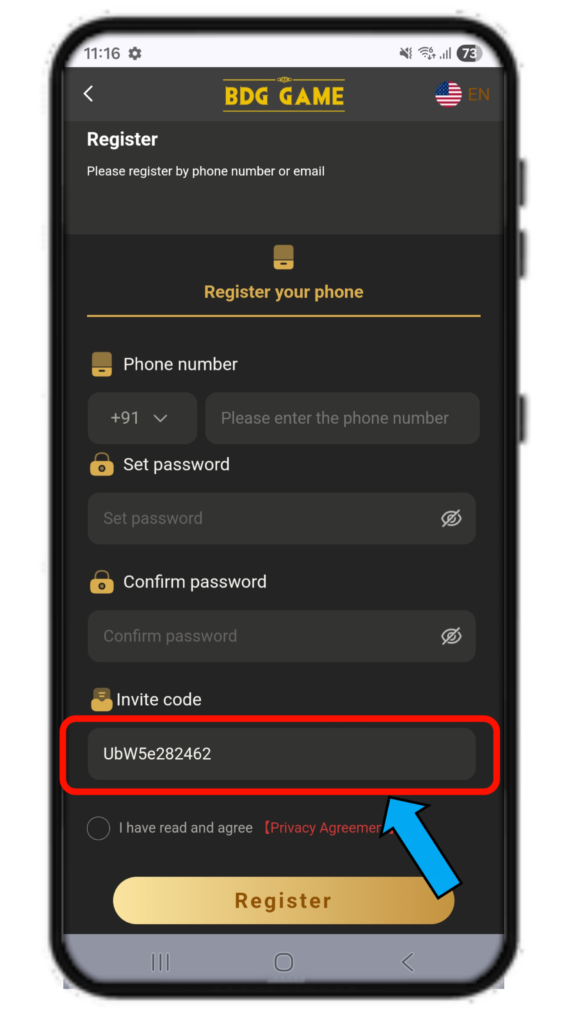 BDG Game registration page screenshot